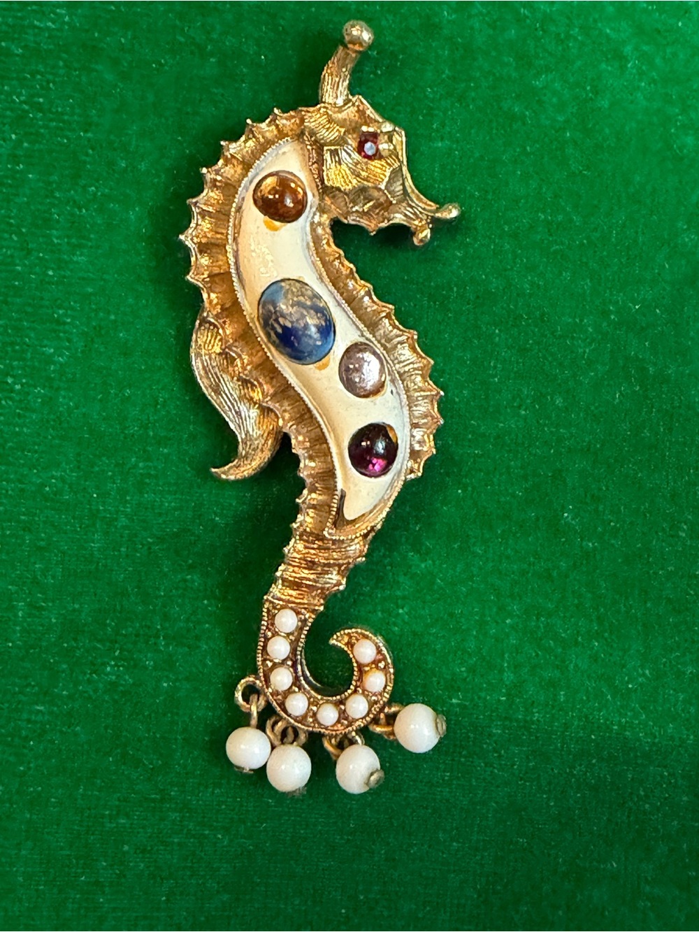 Vintage Seahorse Brooch Pin with Multicolor Cabochons